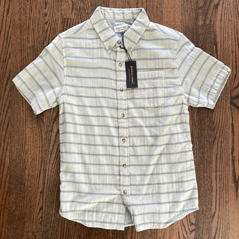 Bridge & Burn S/S cream and blue striped double cloth, size Small